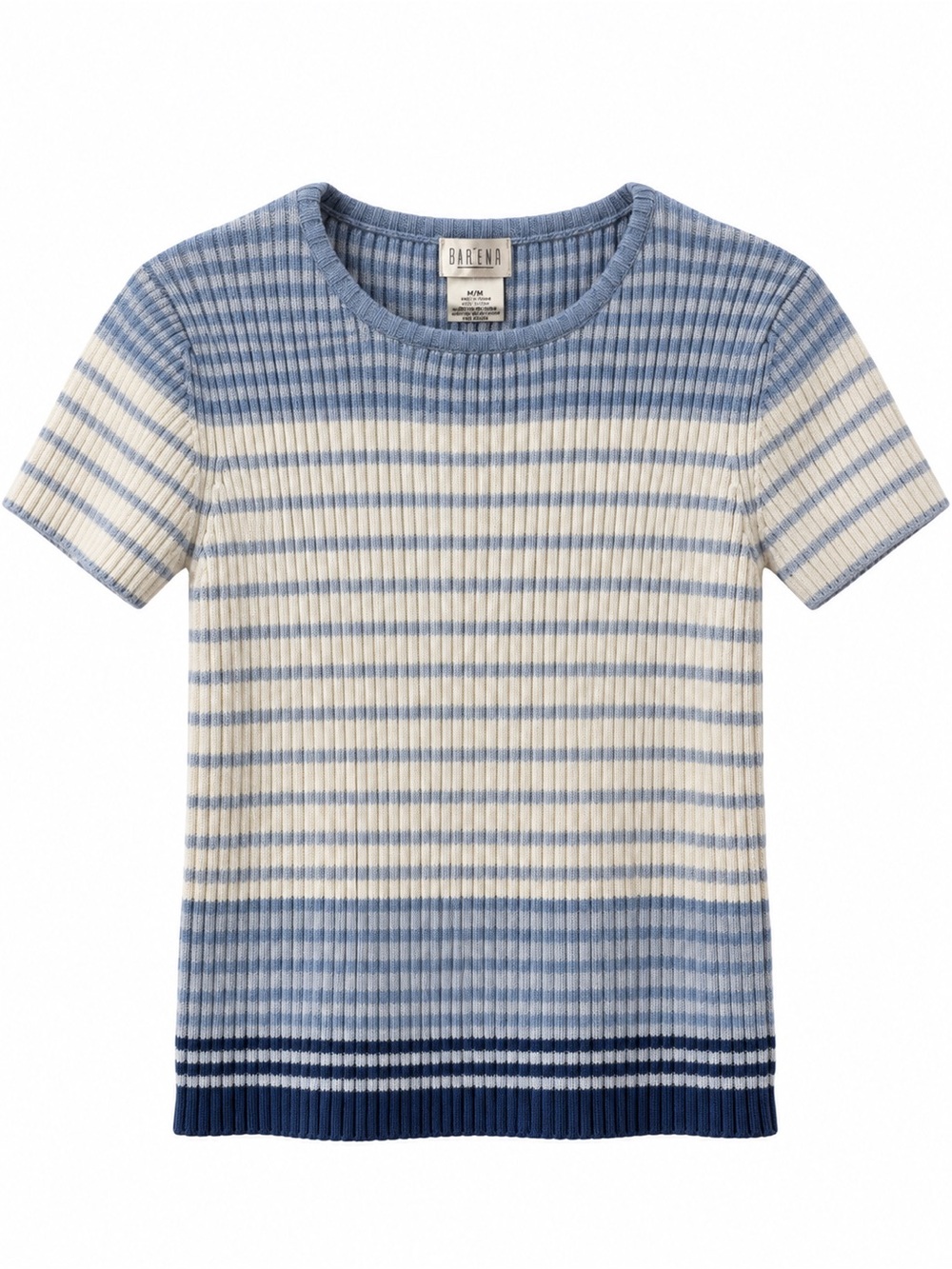 BARENA Blue and Cream Striped Rib Knit Short Sleeve Top %100 Cotton